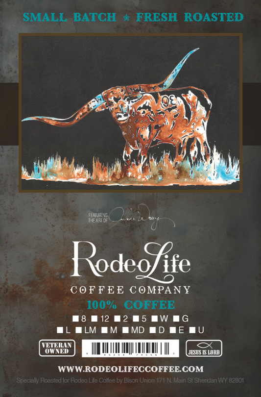 Rodeo Life Coffee Joelene Wacey "Branded OE" 8 oz coffee bag with label design and branding details.