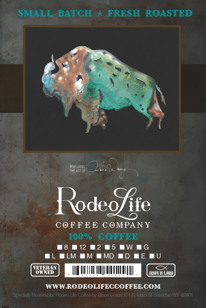 Rodeo Life Coffee Joelene Wacey "Not By Sight" coffee bag with 2lbs or 5lbs label, featuring vibrant design and branding.