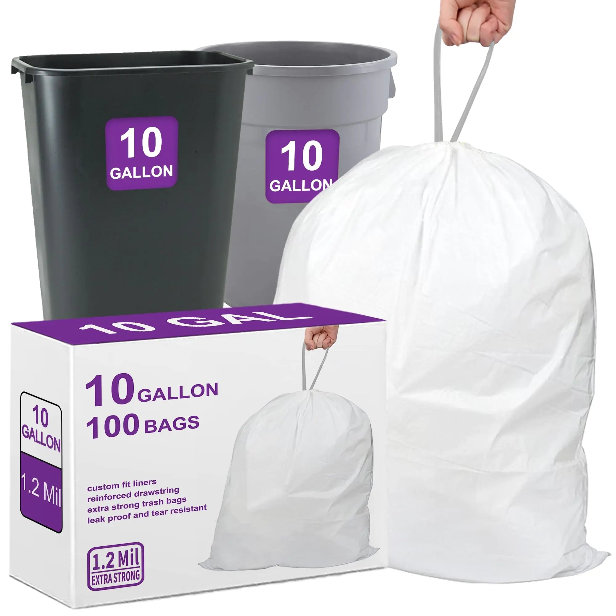 10 Gallon Heavy Duty Trash Bags 1.2 Mil THICK 100 Count with Reinforced Drawstring | Compatible with Rubbermaid Brute 10 Gallon Trash Can & Fit All 9 - 11 Gallon Trash Can | Tear & Leak Resistant - BACKUPMYFILESNOW
