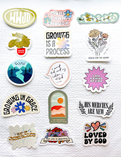Set of 10 random Christian stickers from Elevated Faith featuring inspirational and faith-based designs on colorful backgrounds.