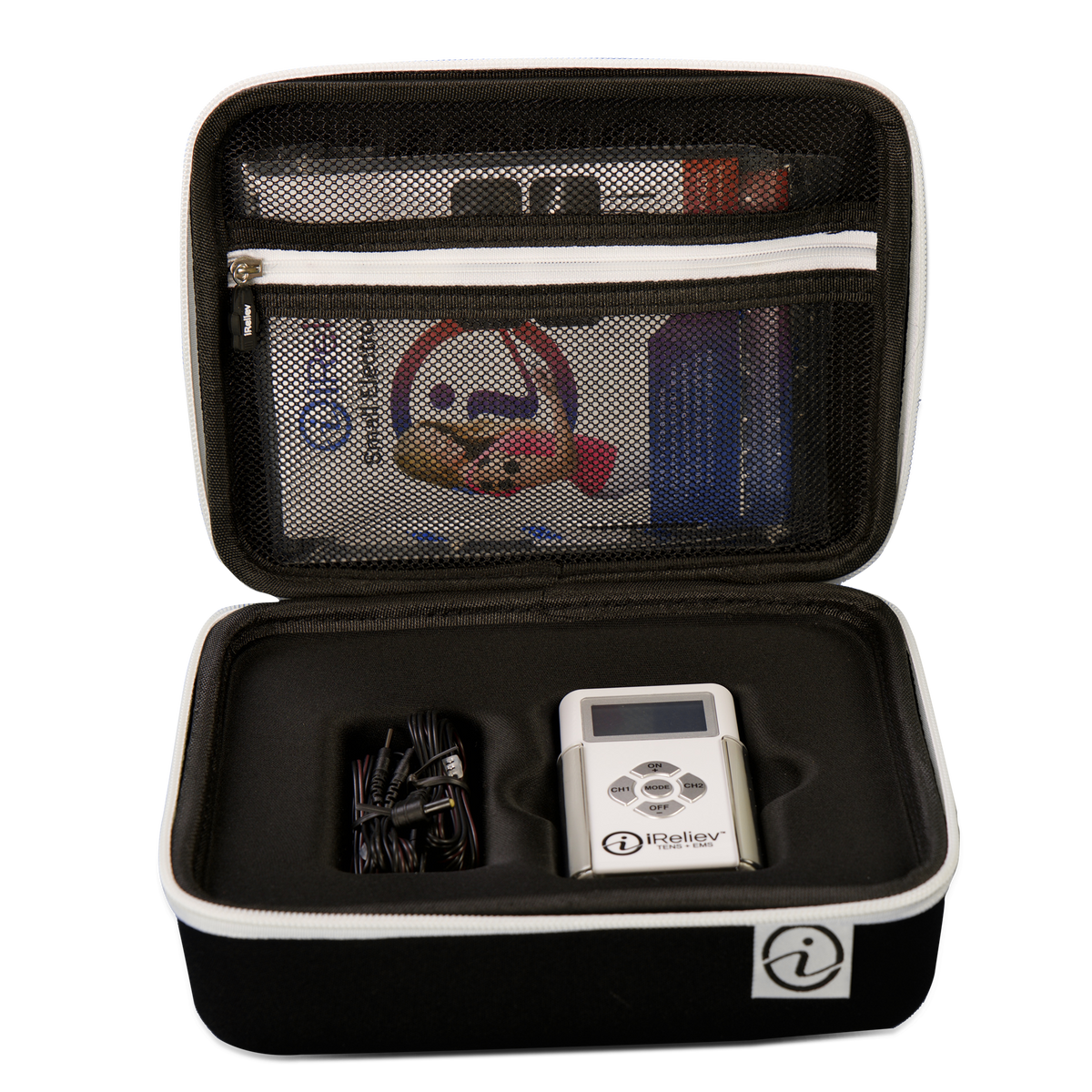 Transparent iReliev hard protective carrying case for accessories, showing interior compartment and secure storage features.