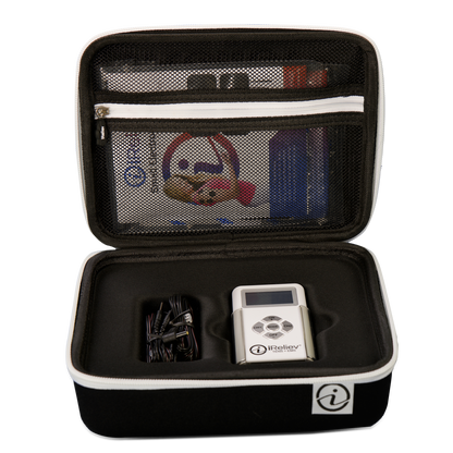 Transparent iReliev hard protective carrying case for accessories, showing interior compartment and secure storage features.