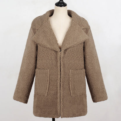Long faux fur coat with suit collar for women in a casual style