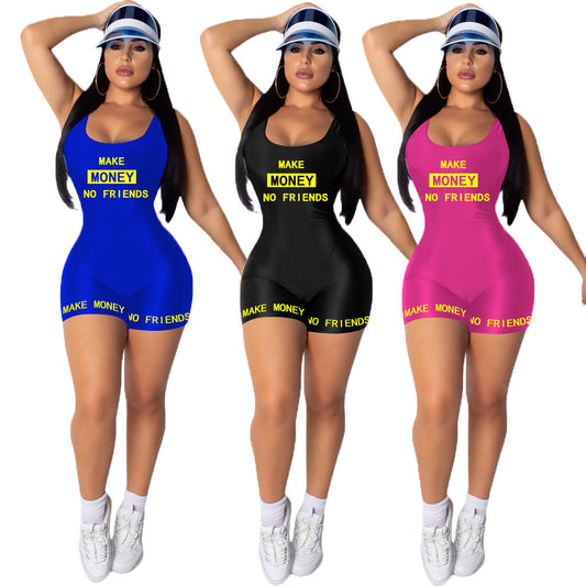 Women's casual sports jumpsuit, sleeveless vest bodysuit with letter print and fitted one-piece design