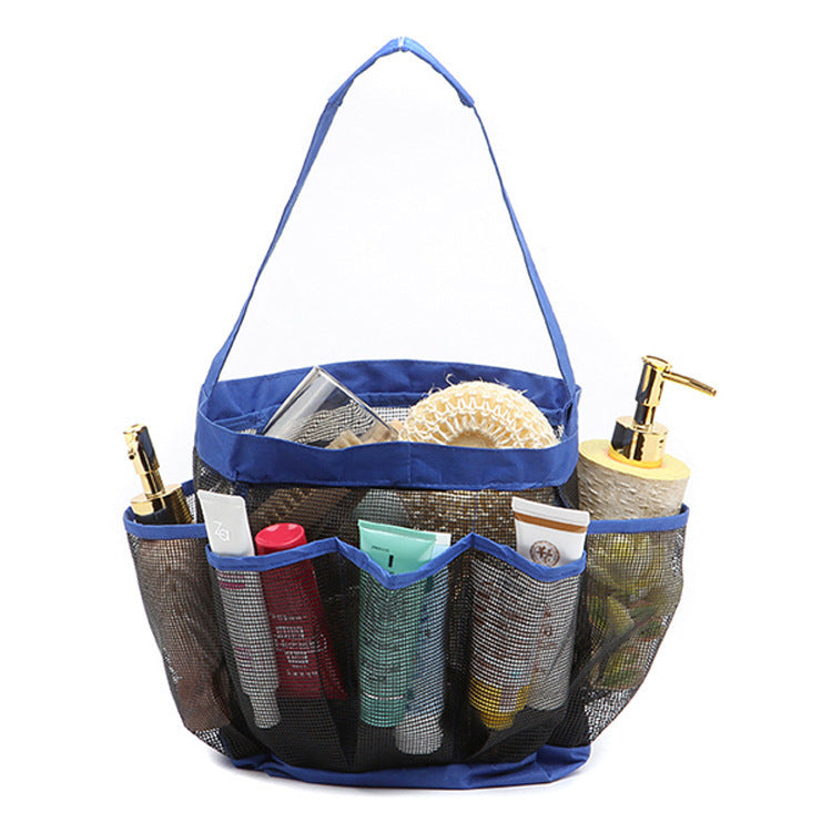 Mesh bathroom storage bag in black with zippered compartments and hanging hook