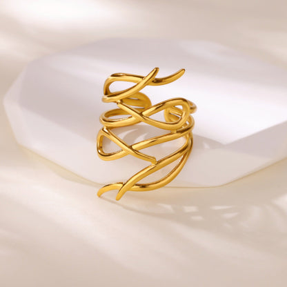 Creative alien big wave open ring for women, silver-tone statement jewelry with sculpted wave design