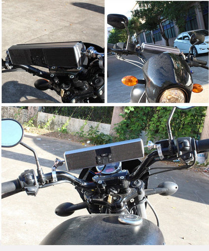 Waterproof motorcycle Bluetooth speakers with compact black design for handlebar mounting