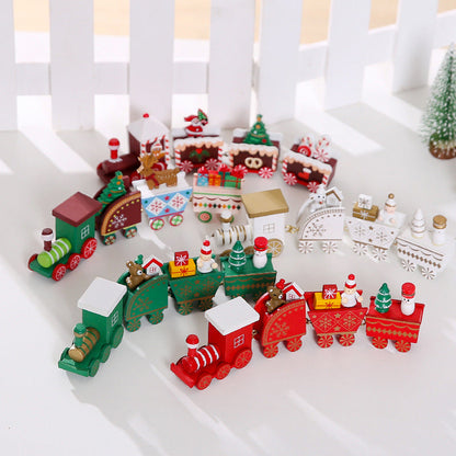 Wooden Christmas train decoration with festive holiday details and natural wood finish