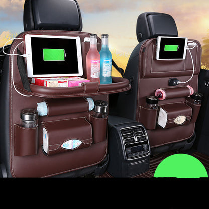 Charging car storage bag seat hanging organizer visible on vehicle seatback with compartments for cables and accessories