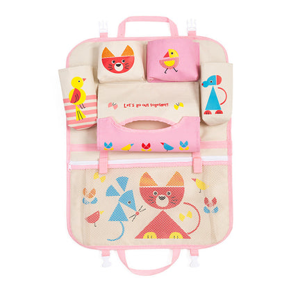 Cartoon car storage bag hanging from vehicle seat back, featuring a playful car design
