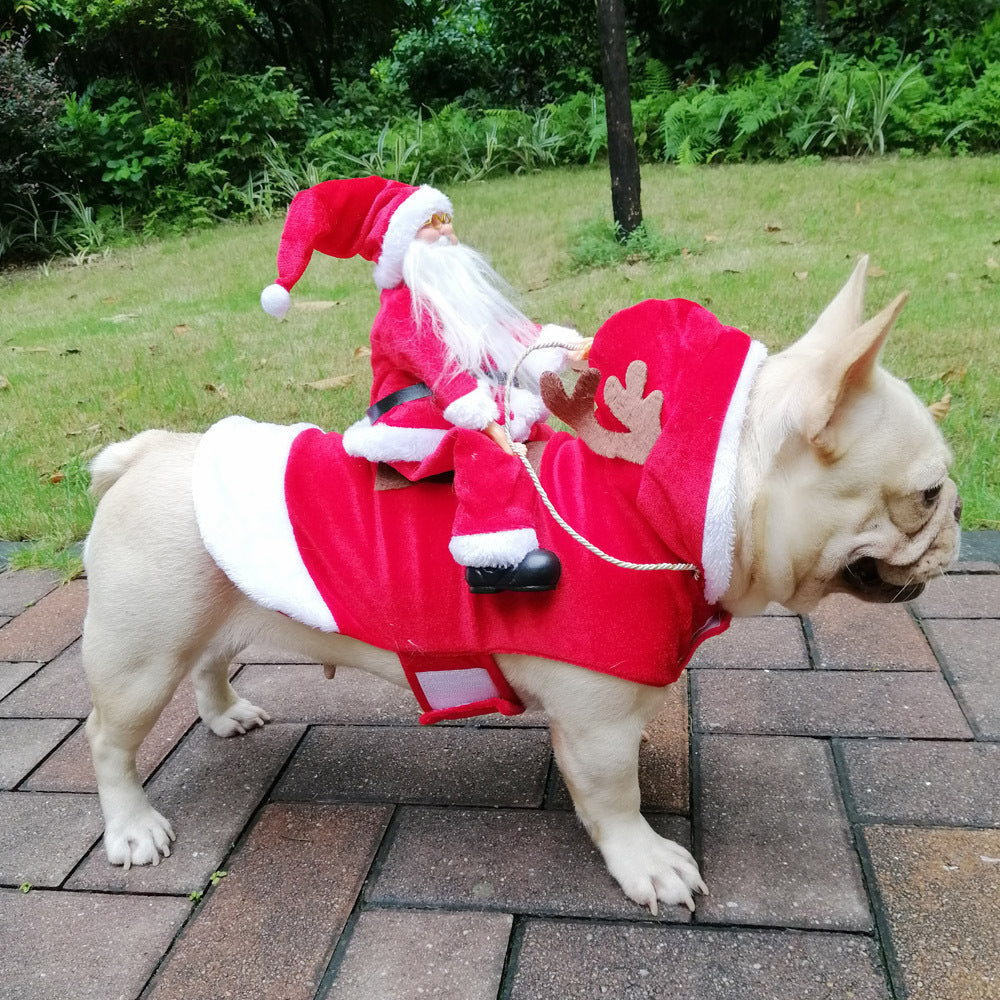 Dog Christmas costume with Santa Claus riding a deer design, red holiday outfit for pets