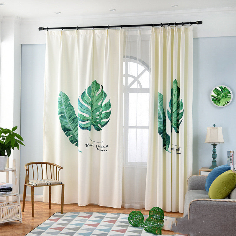 Banana leaf digital printing curtain with tropical green leaf design, full-length fabric panel