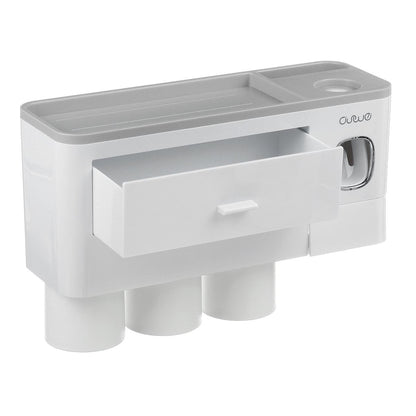 Hanging magnetic toothbrush holder with single drawer storage rack and toothpaste squeezer toiletry set