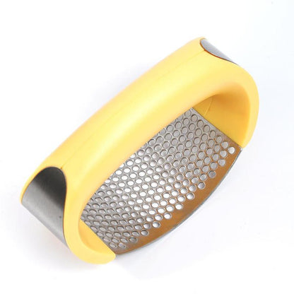 Stainless steel manual garlic press and masher with curved handle for kitchen food preparation