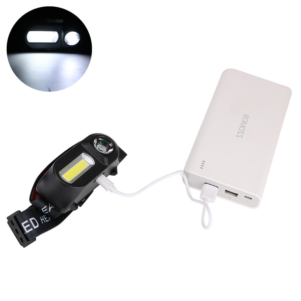 Outdoor camping fishing headlight, front view with adjustable LED lamp for nighttime use