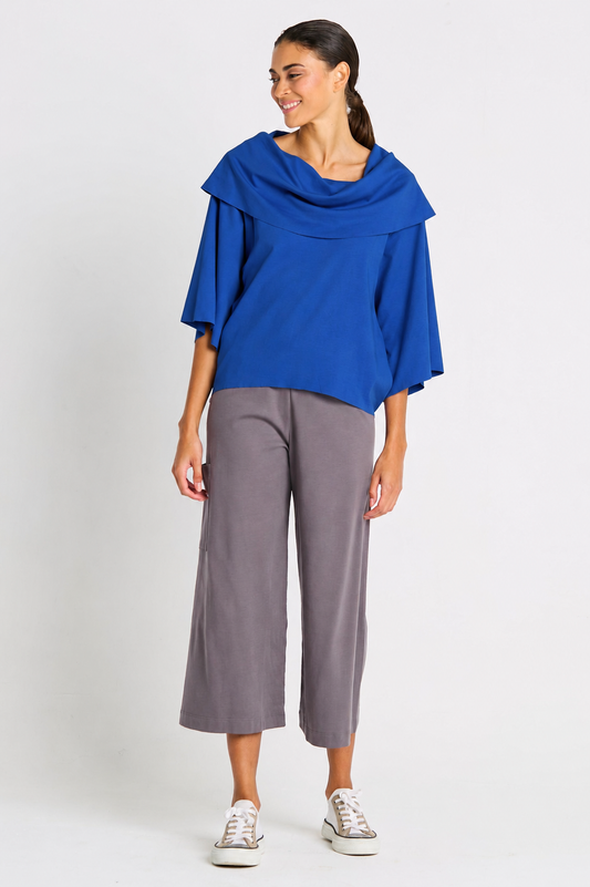 Model wearing PLANET by Lauren G Pima Cotton Jackie O Top in royal, a stylish women's T-shirt with a classic fit and soft fabric.