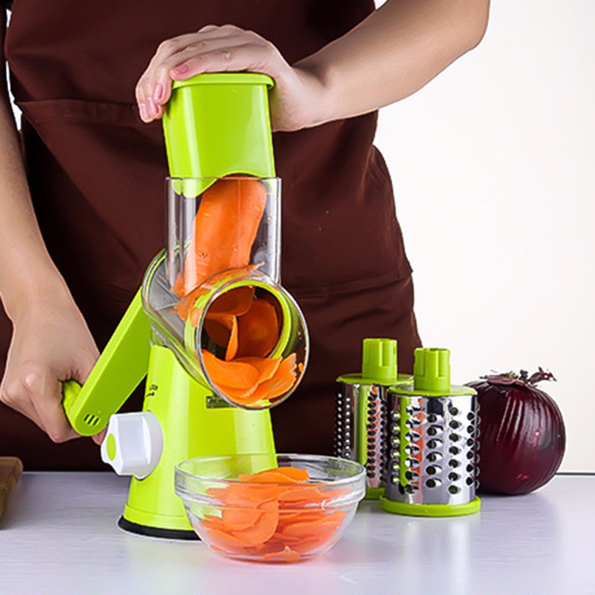 Round vegetable cutter mandoline slicer for potato, julienne carrot, and cheese grating