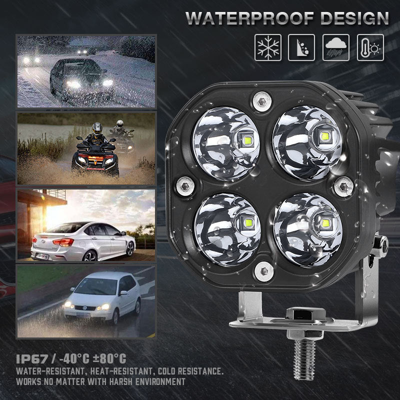 Off-road LED square spotlight for truck or car, rugged black housing with bright front lens
