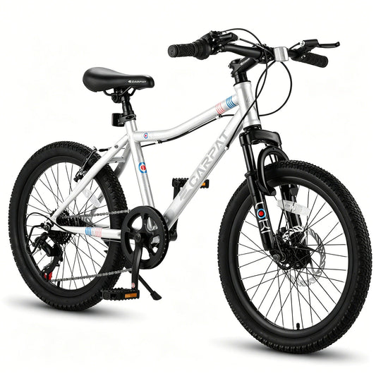 20-inch kids mountain bike by GBruno Store with 7-speed gears and front suspension, featuring colorful frame and knobby tires.