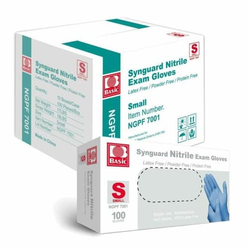 Pair of small BACKUPMYFILESNOW® Nitrile Exam Gloves in a box, with 10 boxes per case, used for medical examinations.