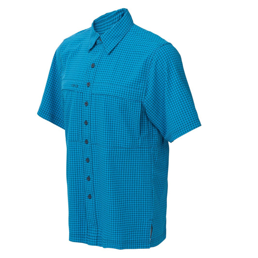 GameGuard Atlantic TekCheck Shirt, side view showing blue and white checkered pattern and collar detail.