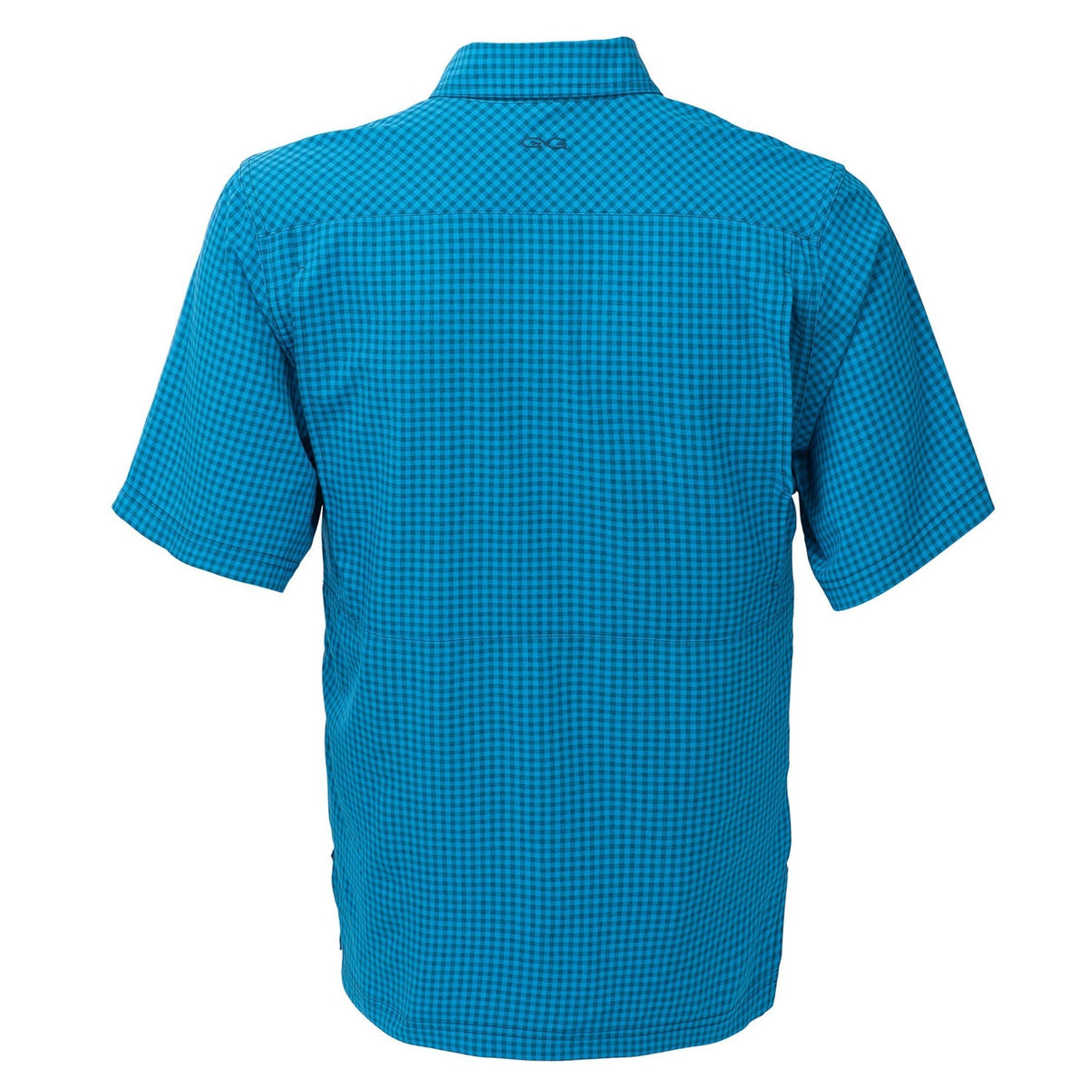 Back view of GameGuard Atlantic TekCheck Shirt with a blue and white checkered pattern and button-down collar.