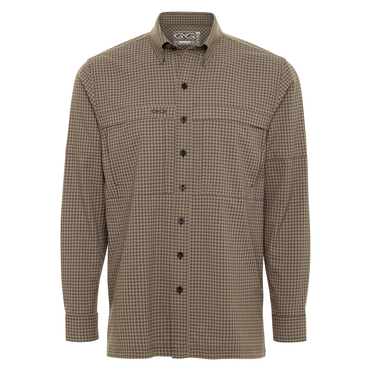 GameGuard Bark TekCheck long sleeve shirt featuring a blue and black patterned TekCheck design with button-up front.