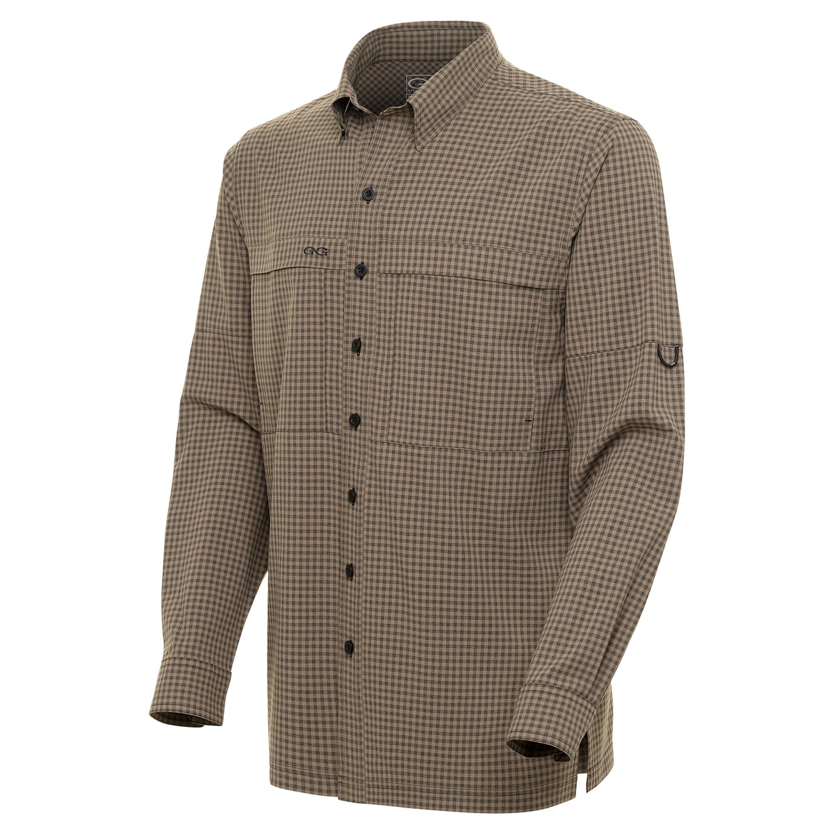 GameGuard Bark TekCheck long sleeve shirt with a stylish plaid pattern, featuring a button-up front and classic collar.