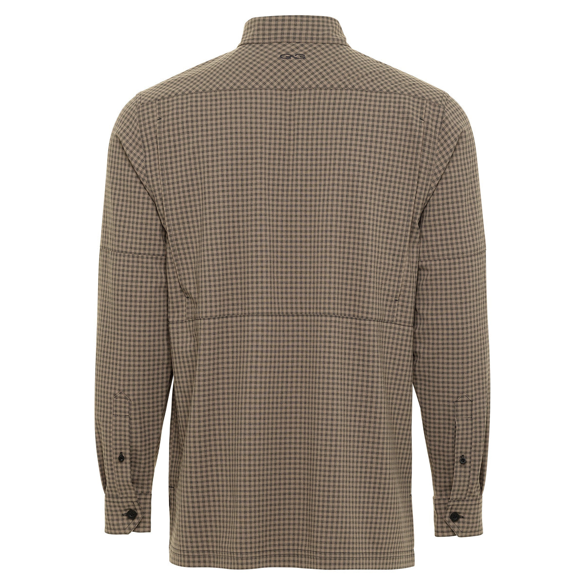 GameGuard Bark TekCheck long sleeve shirt featuring a blue and black checkered pattern and casual fit.