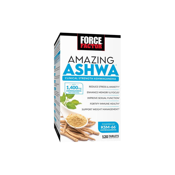 Force Factor Ashwa Ashwagandha tablets in bottle, dietary supplement for health and wellness from Pasteur Pharmacy.