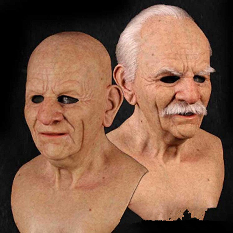 Old man Halloween mask with white hair, white beard, and headgear