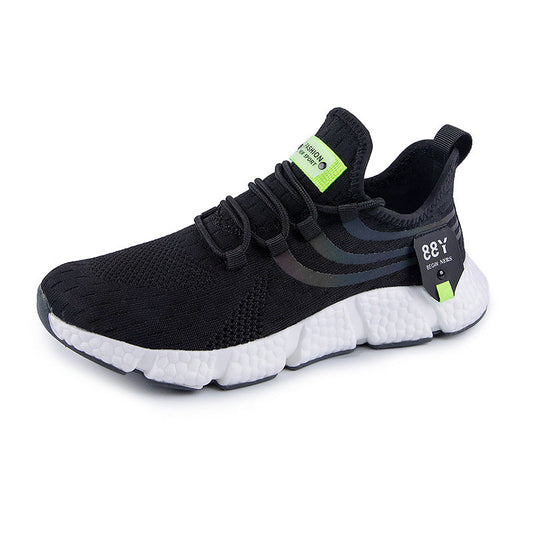 Korean popcorn rubber combination bottom stretch fly woven sports shoes ‑ black and white sneakers