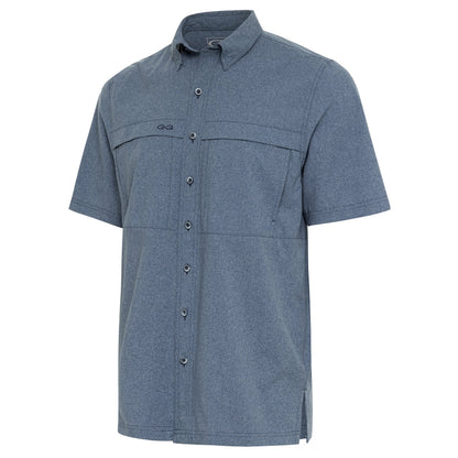 Deep Water MicroTek Shirt by GameGuard, close-up of blue moisture-wicking fabric and collar detail.
