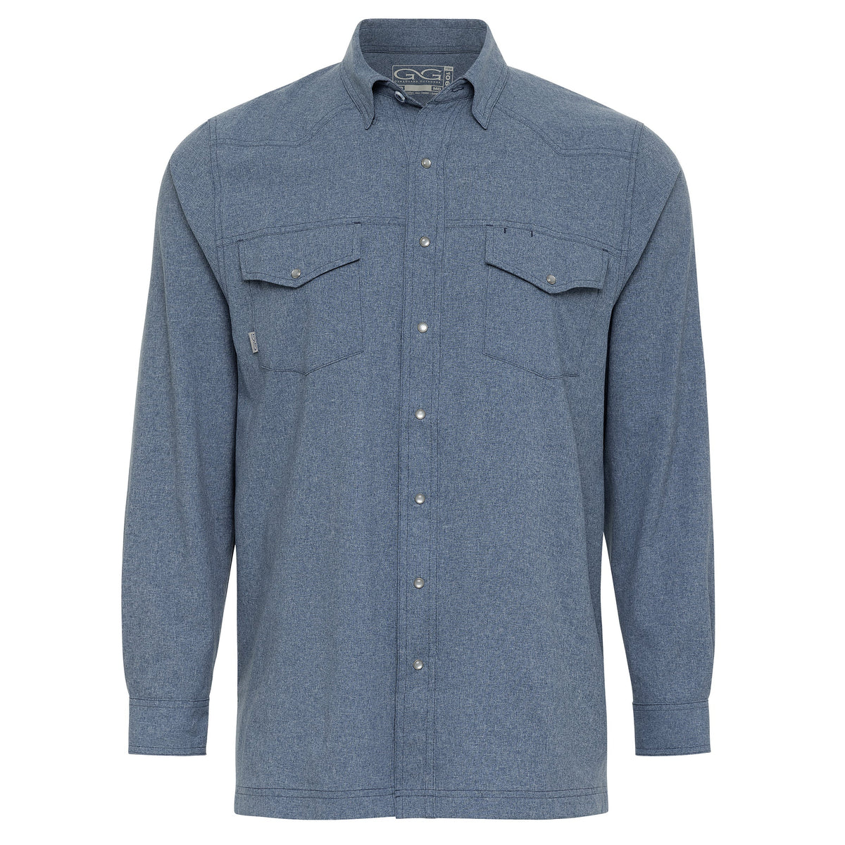 Deep Water Pearl Snap Shirt by GameGuard, long sleeve pearl snap Western-style shirt with chest pockets and button-up front.