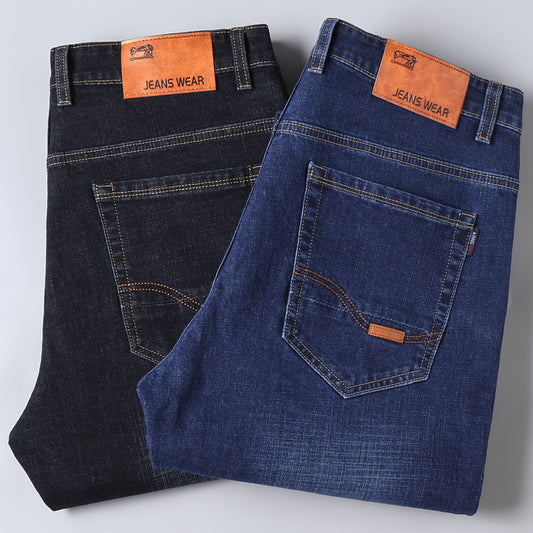 Men's loose fit stretch denim pants for business by BACKUPMYFILESNOW®, showing front view with classic blue denim fabric.