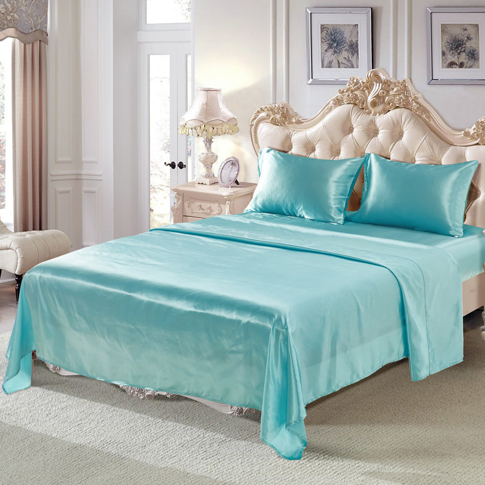 Imitation silk bedding set in a smooth, lustrous fabric displayed against a neutral background