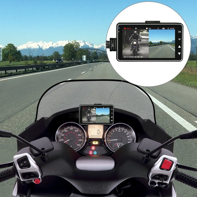 Motorcycle dash cam mounted on handlebars for road recording