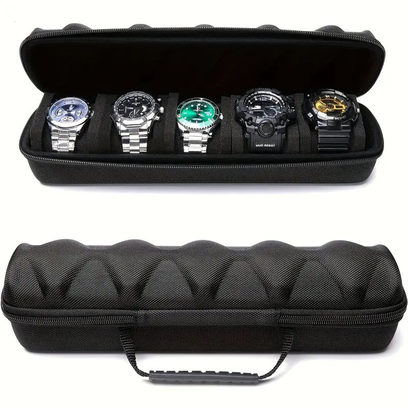 Smart watch storage box with multiple card slots, black organizer case shown open for accessory storage