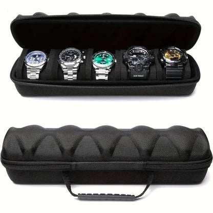 Smart watch storage box with multiple card slots, black organizer case shown open for accessory storage