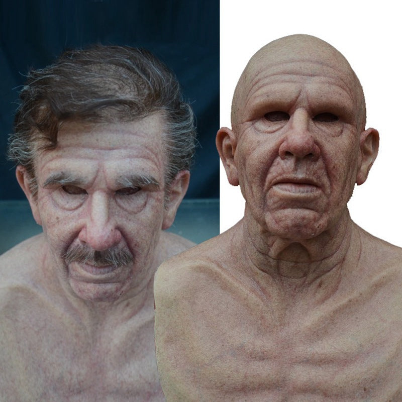 Old man Halloween mask with white hair, white beard, and headgear