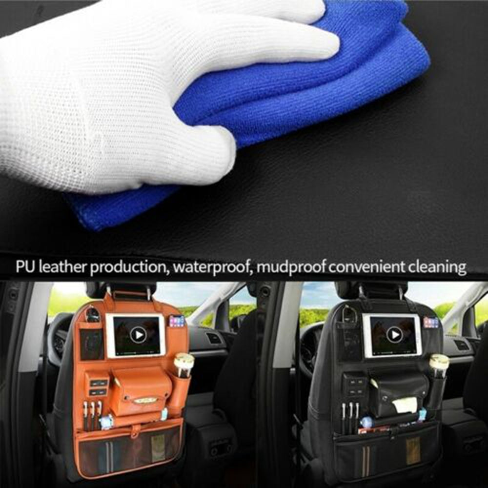Car backrest storage bag with multifunctional seat organizer compartments; black design visible from rear seat view
