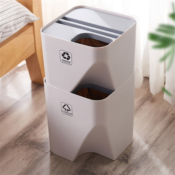 Stacked kitchen trash can and recycling bin for dry and wet waste separation in bathroom or home