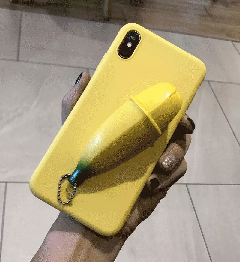 Yellow banana silicone phone case with realistic peel detail and zipper design