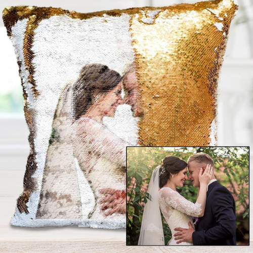 Sequins throw pillowcase with custom photo, reversible sequin design in close-up view