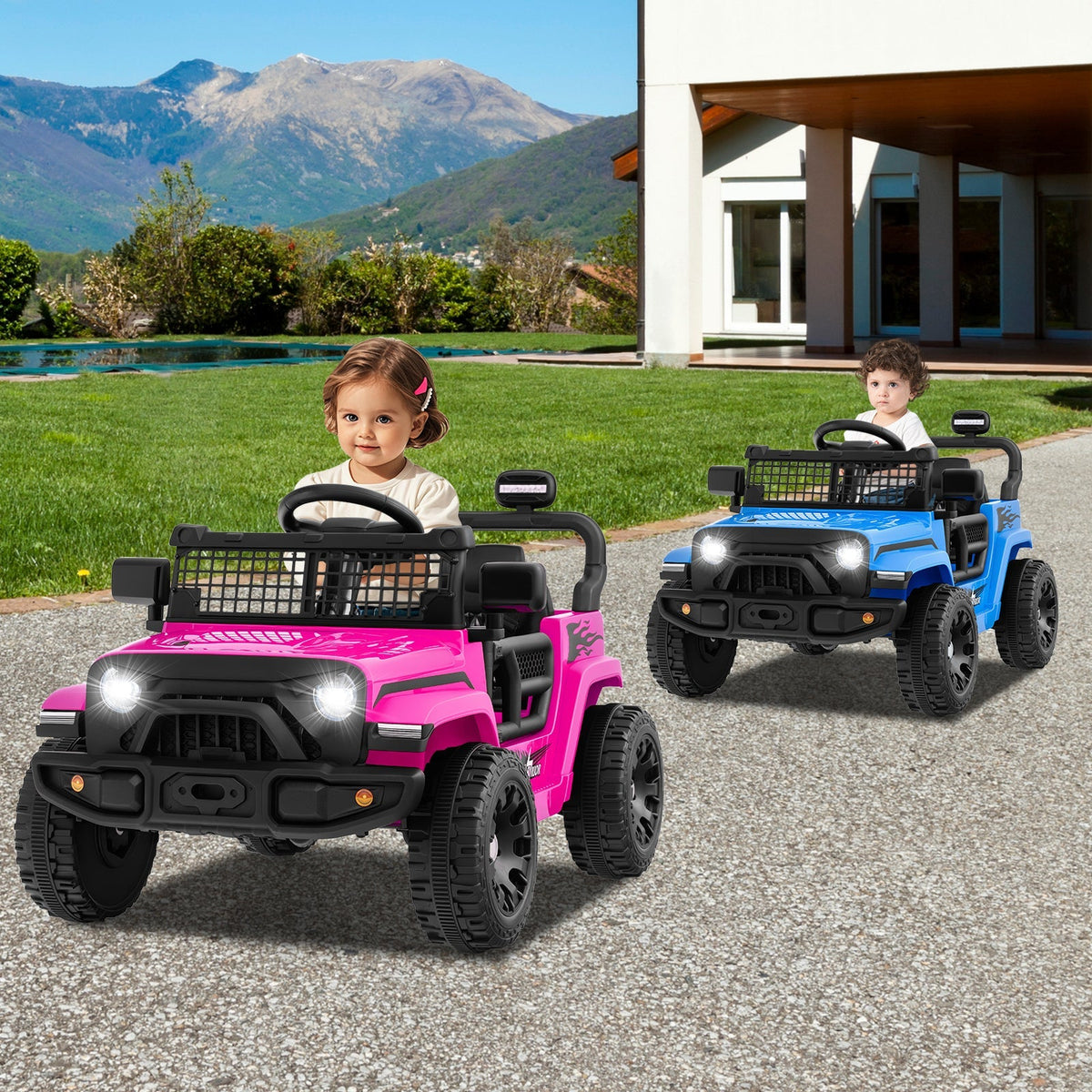 12V kids ride-on truck by GBruno Store, electric vehicle with black body, realistic design, and detailed features for children.