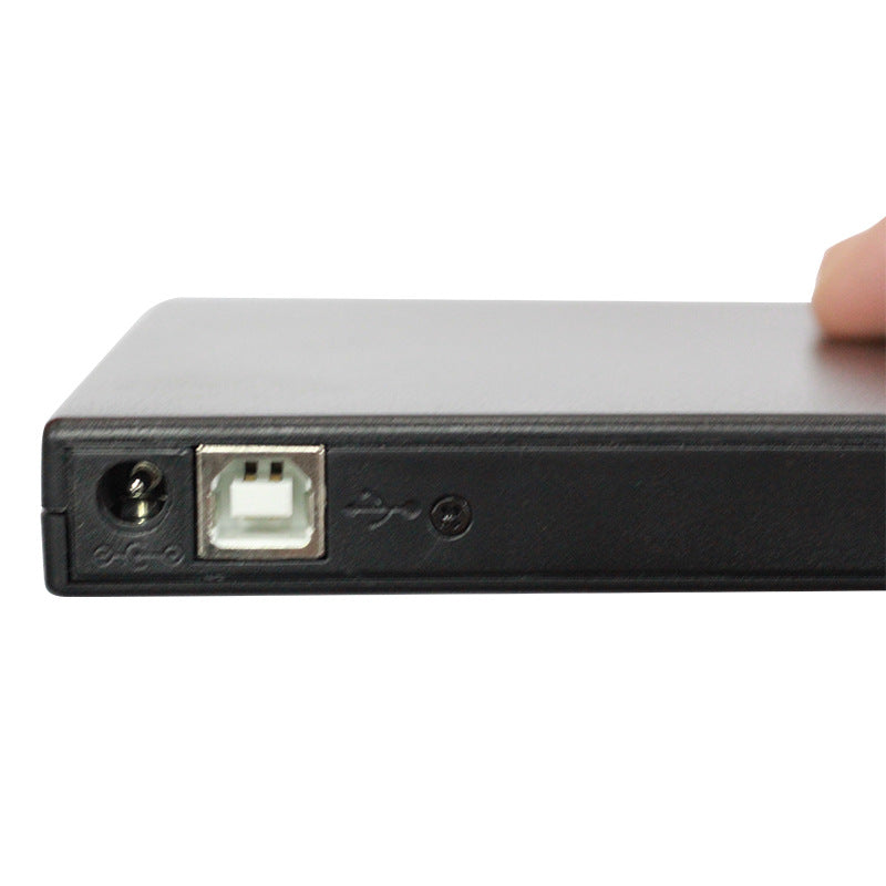 USB external portable mobile DVD burning drive in compact black enclosure with USB cable