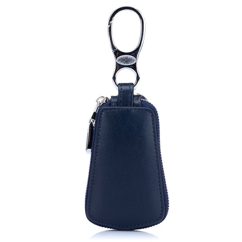 Leather car key case with zipper waistband, shown closed in black leather