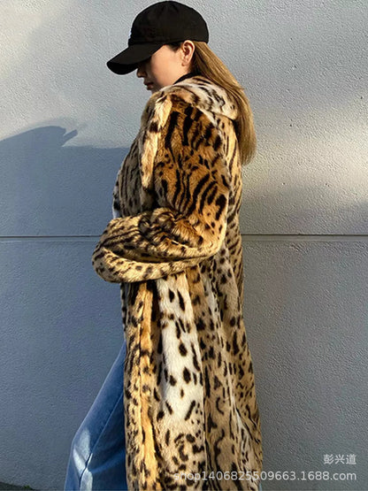 Leopard print faux fur coat for women in a bold spotted pattern, front view
