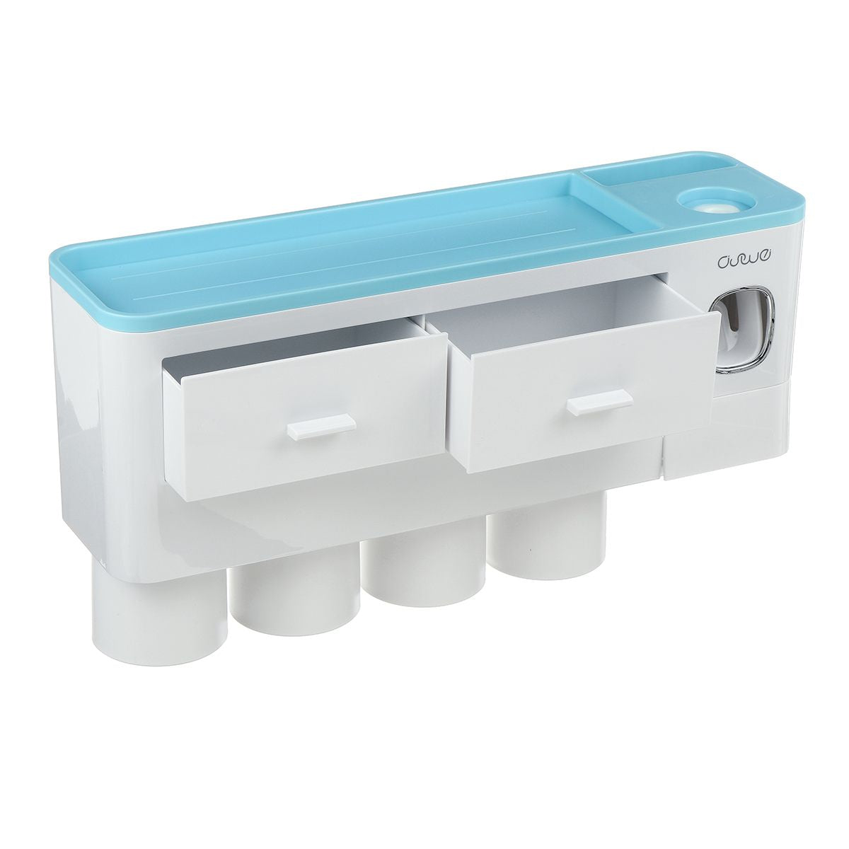 Non-marking hanging magnetic toothbrush holder with single drawer, toothpaste squeezer, and toiletry storage rack