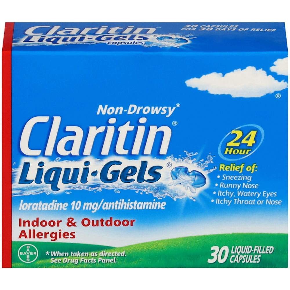 Claritin 10 mg non-drowsy Liqui-Gels in a blister pack, allergy relief medicine, 30 count, Pasteur Pharmacy brand